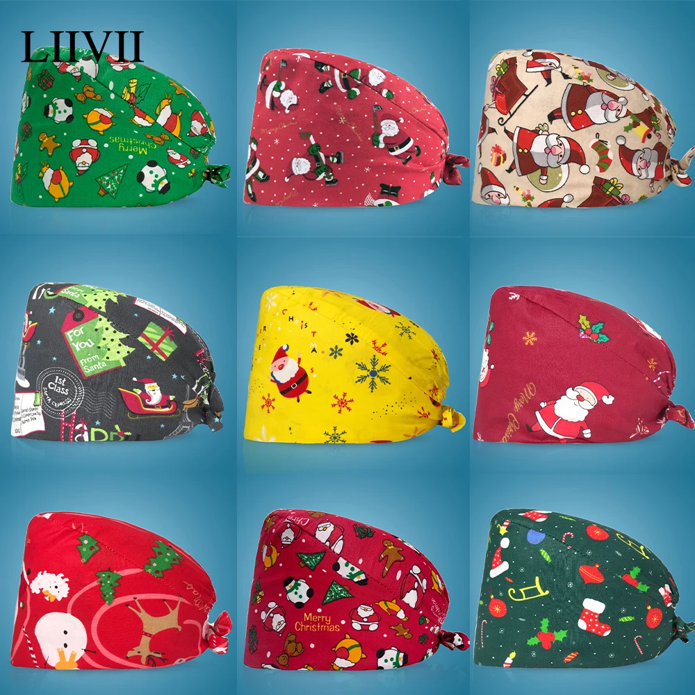 

Christmas Soft Hat Printing Nurse Sweat-absorbent Head Wrap Towel Surgical Anti-Dirty Pure Cotton Cap Doctor Scrub Cap Dustproof