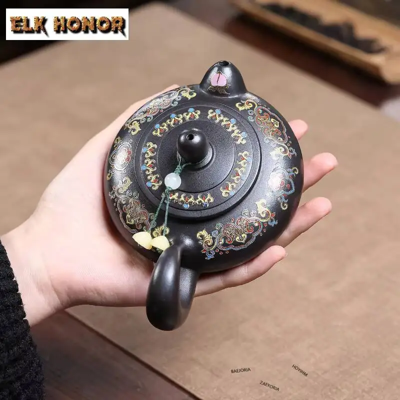 ZAEYORIA 170ml Exquisite Yixing Purple Clay Colour Enamels Teapots Handmade Cloud Chart Pot Raw Ore Mud Kettle Zisha Tea Set