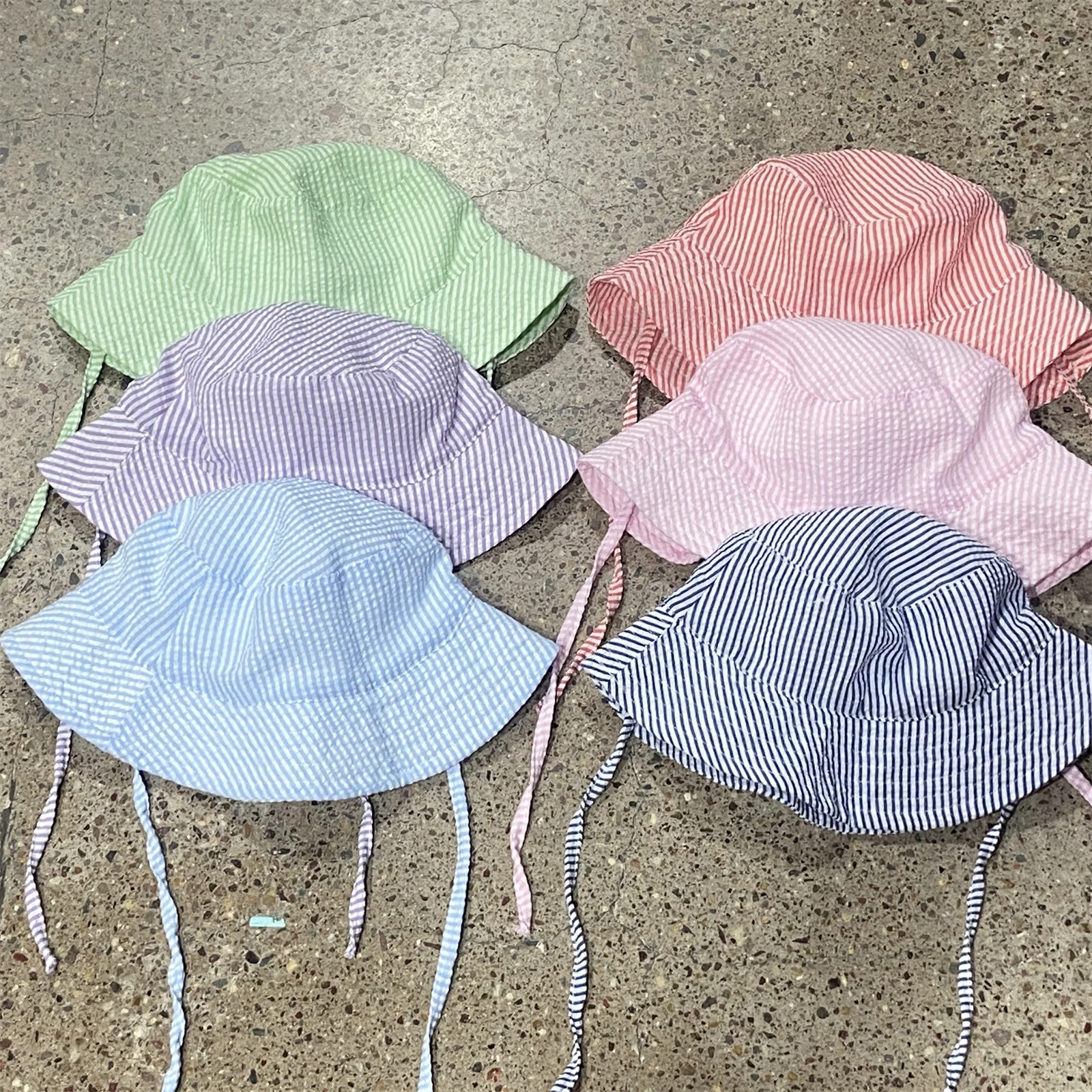 Striped Seersucker Summer Hat For Kids With Wide Brim Bucket Cap 50+ SPF Protective Breathable Folding