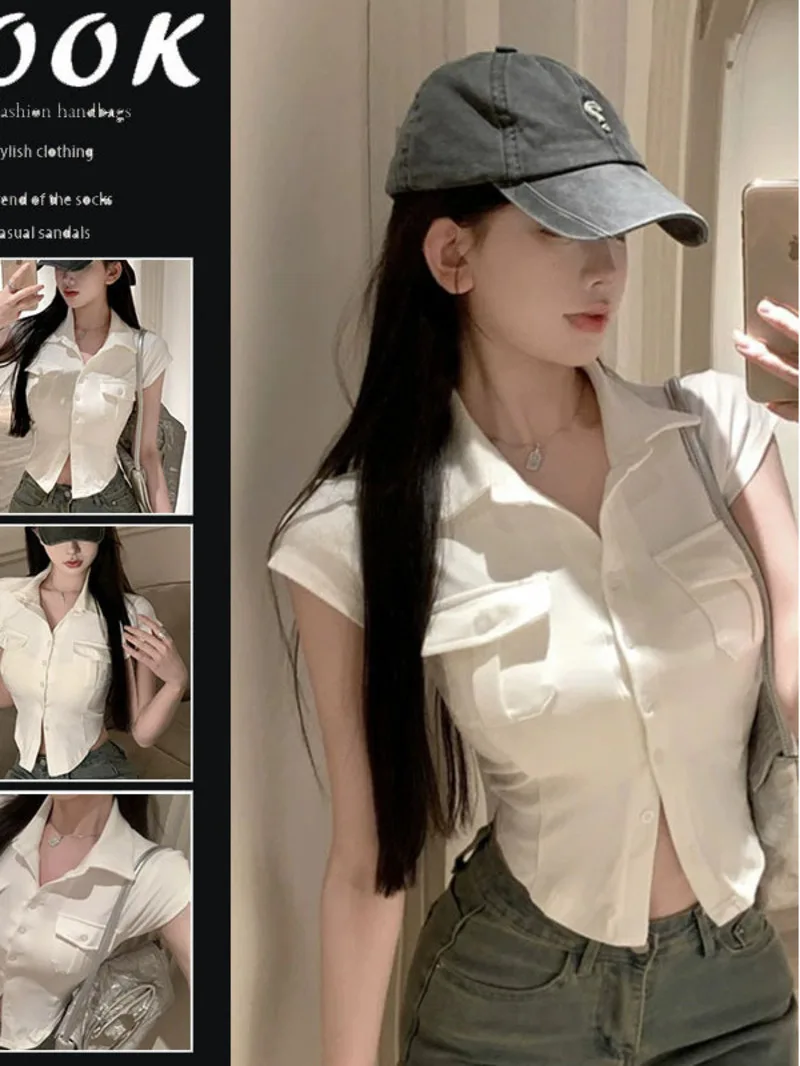 

Shoulder short sleeved shirt for women's summer new thin style pure desire to expose the navel design feeling niche and W42K