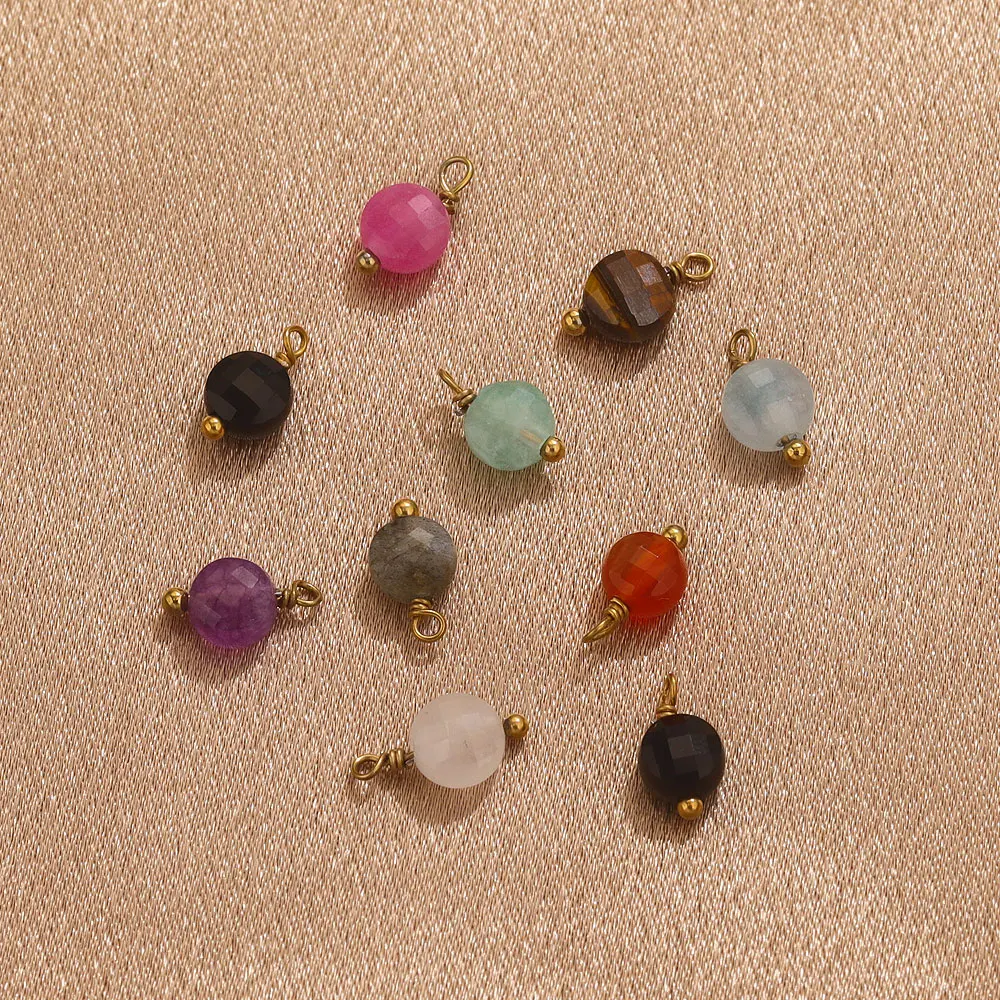 10pcs Natural Stone Round Small Charms For Earring Makings Findings Stainless Steel Needles DIY Jewelry Charms Supplies Parts