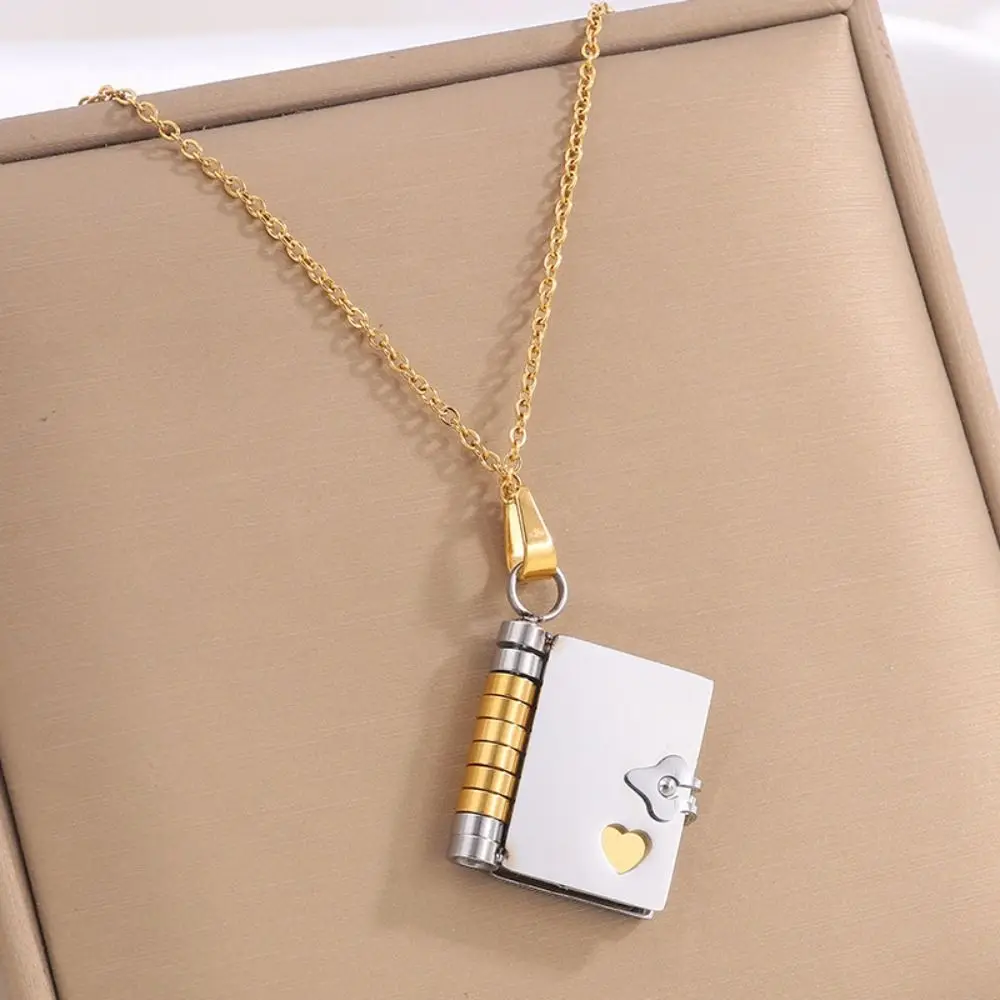 Titanium Steel Couple Book Necklace Heart Handmade Opening Book Pendant Aesthetic Waterproof Couple Text Locket Summer Beach