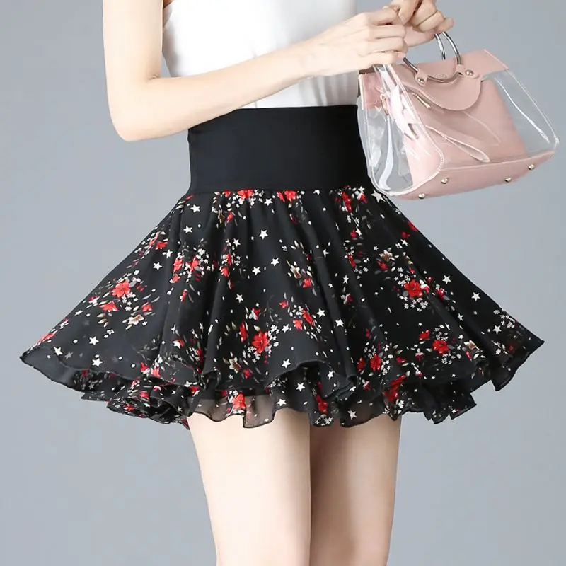 

Лето 2026: Новая женская короткая юбка с высокой талией, плиссированная, А-силуэт, из шифона с цветочным принтом, не просвечивающая, для прогулок и повседневной носки, простая и стильная.