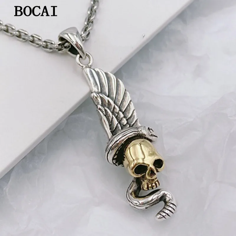 BOCAI New S925 Sterling Silver Jewelry Retro Personality Skull Feather Pendant Men's andWomen's Gift