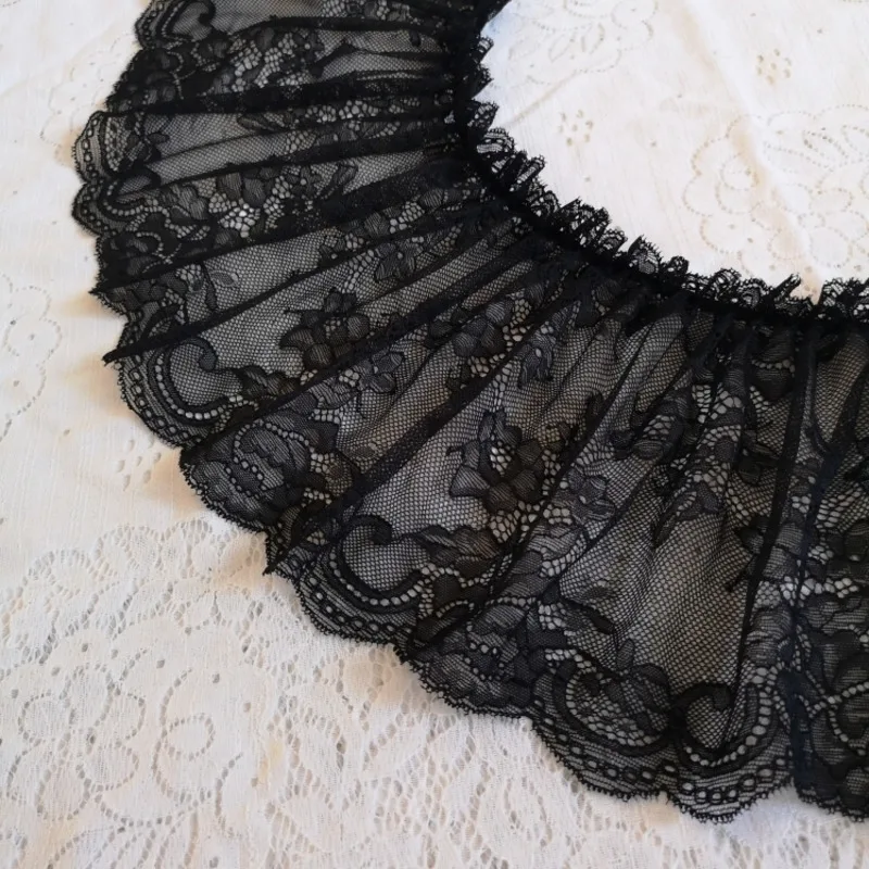 19CM Wide Black 3D Elastic Tulle Lace Fabric Cotton Embroidered Ribbon Ruffle Trim DIY Curtain Garment Tassel Sewing Supplies