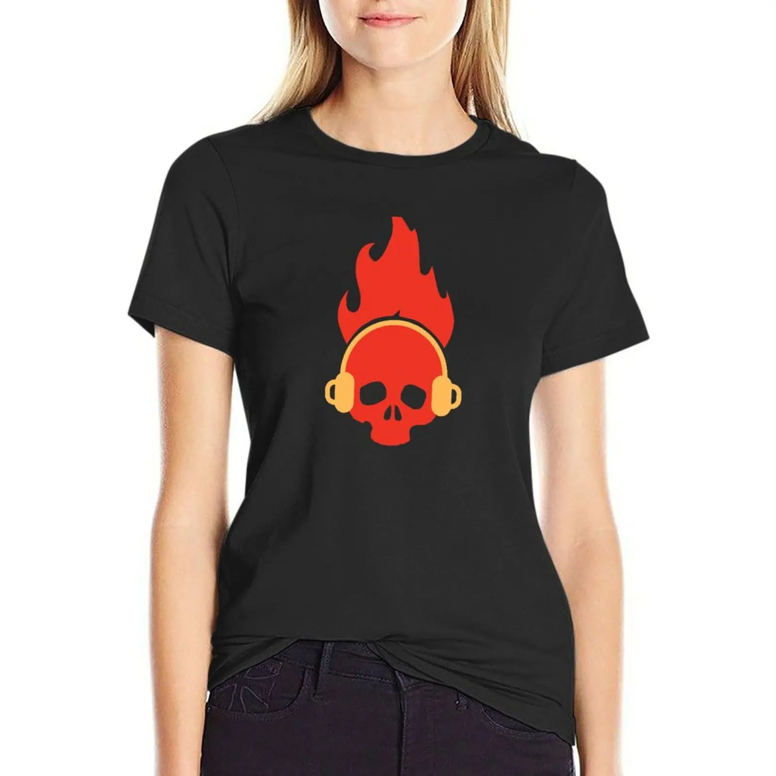 

Headphones on Skull T-Shirt animal prinfor Short sleeve tee T-shirts for Women