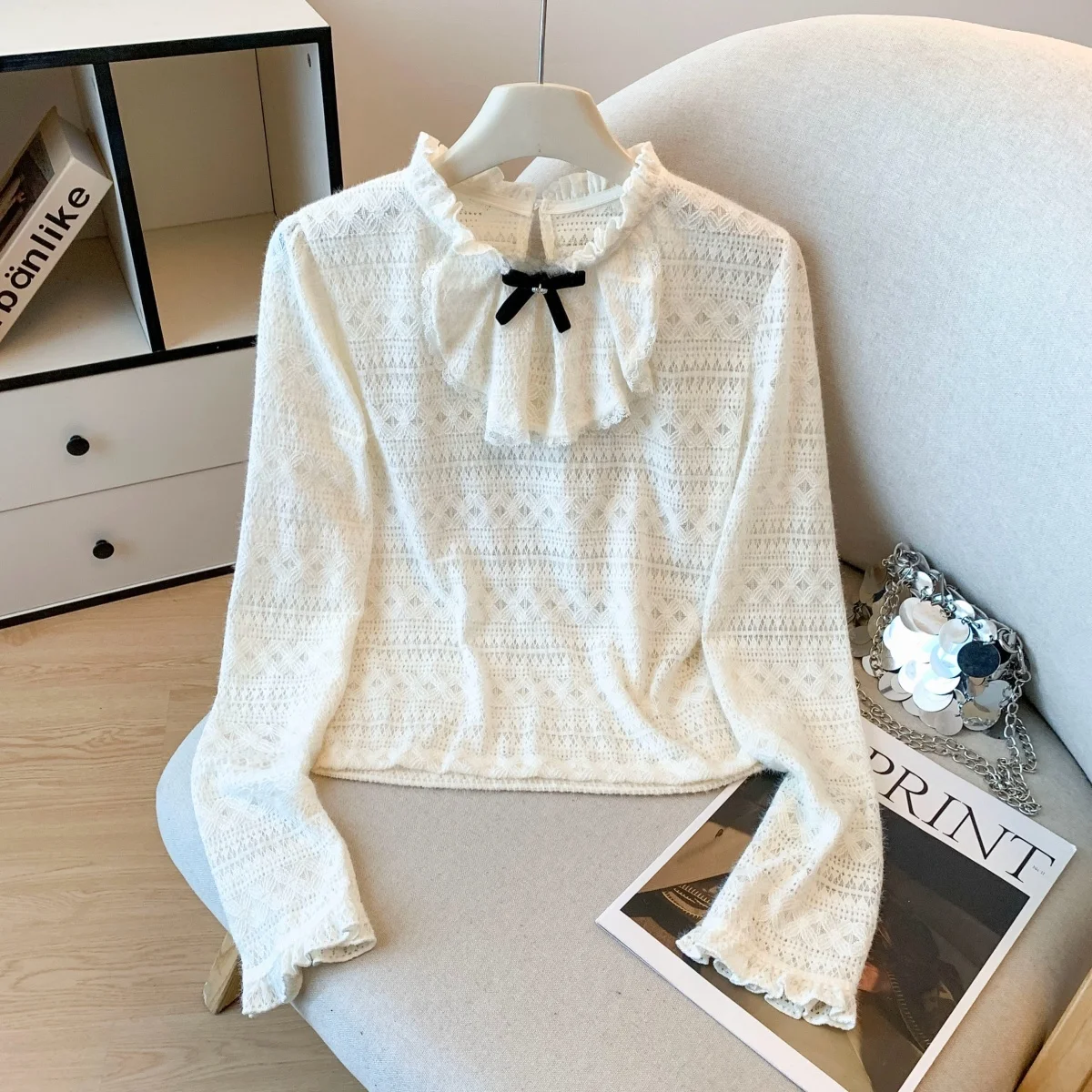 

Женская кружевная базовая блузка с длинным рукавом, воротником-стойкой и завязками, приталенная, для ношения под одеждой, весна-осень, нежный кружевной топ