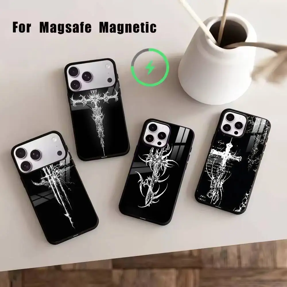 

Чехол для телефона Cyber Sigil Cross для iPhone 17, 16, 15, 14, 13, 12, 11 Plus, Pro, магнитный, для беспроводной зарядки Magsafe