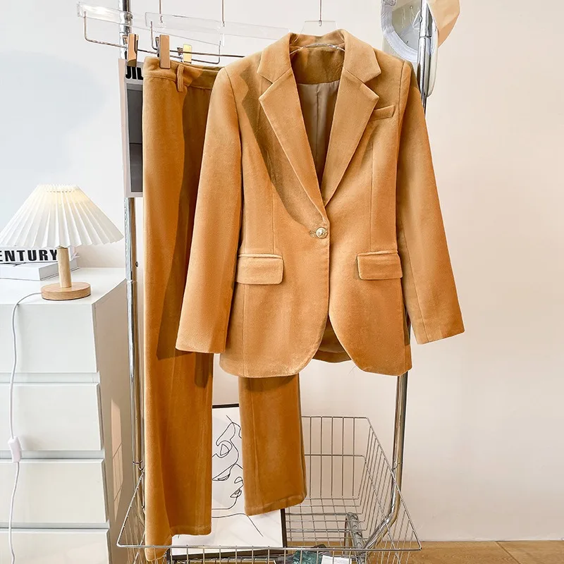 Women Camel Corduroy 2 Piece Suit One‑Button Blazer Irregular Hem Lapel Jacket Straight Long Pants Office Casual Outfit Set