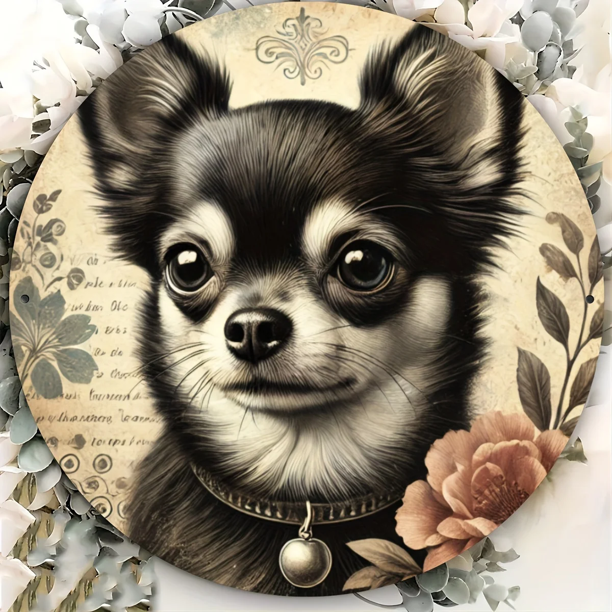 1pc Vintage Style Chihuahua Floral Print Round Aluminum Sign - Metal Wall Decor for Home, Office, or Cafe, Aluminum Material