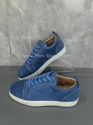 Round Toe Rivet Casual Shoes for Men Comfortable Lace Up Flat Soled Couple Shoes Versatile Suede Leather Canvas Women's Sneakers