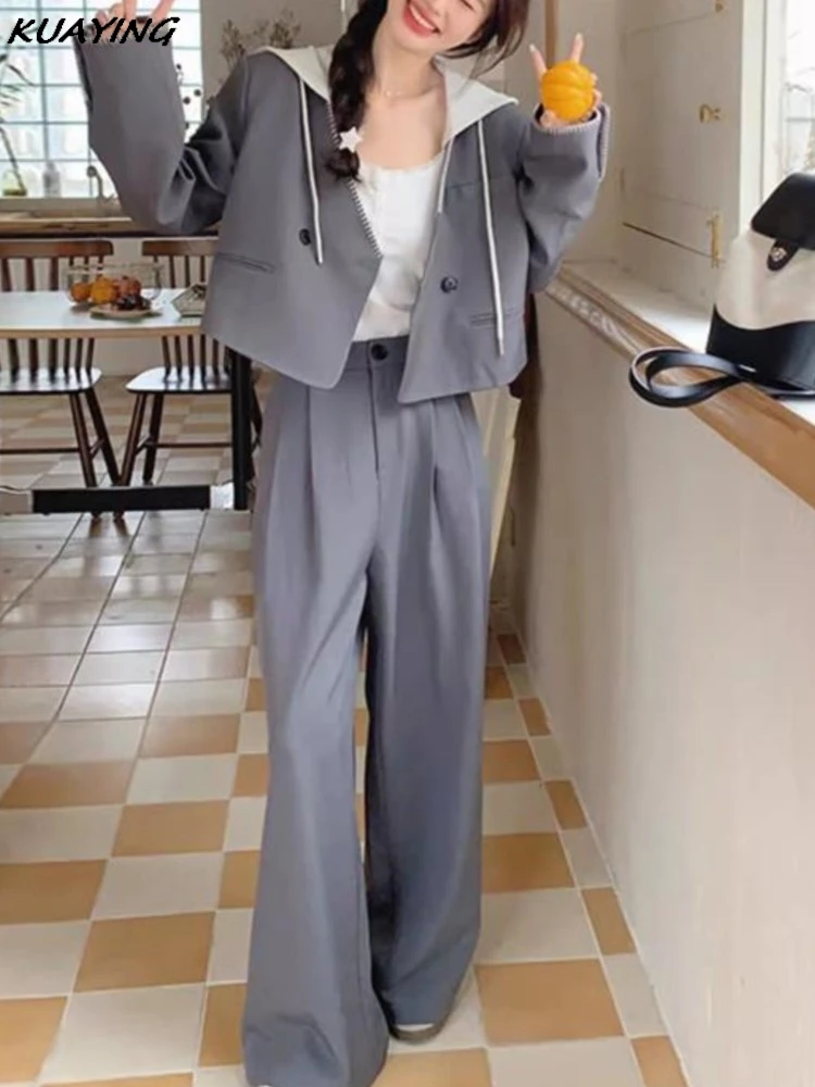 Autumn Casual Blazer Pantsuits Detachable Hooded Jackets Wide Leg Pants Business Work Wear Two-pieces Set Female Formal Clothes