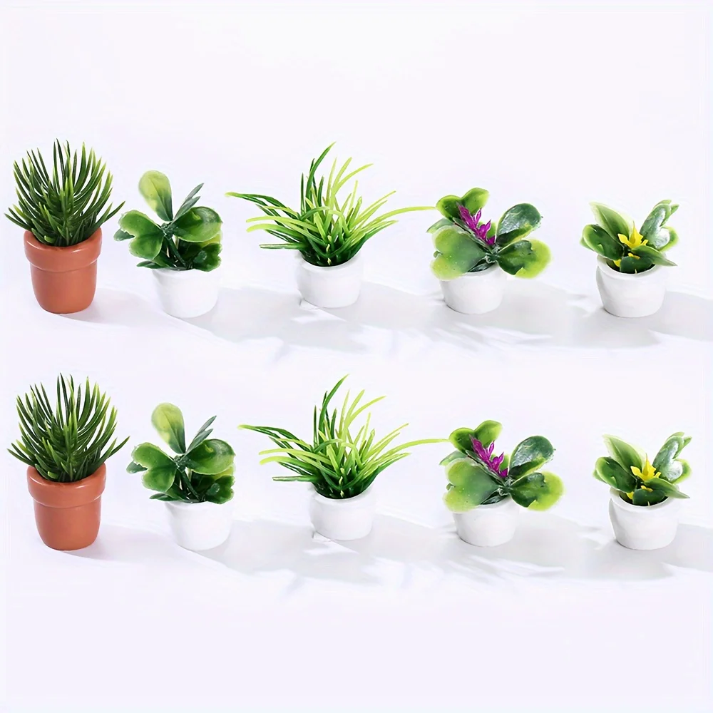 5pcs/set Artificial Mini Potted Plants, Tiny Miniature Fake Flower Pot Simulation Bonsai Decorative Grass Greenery in Pots For m