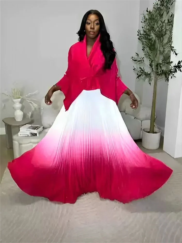 Miyake Gradient Pleated Fashion 2-Piece Set Women's Irregular Belt Bat Sleeve Top A-Line Long Skirt Elegant Party New Set