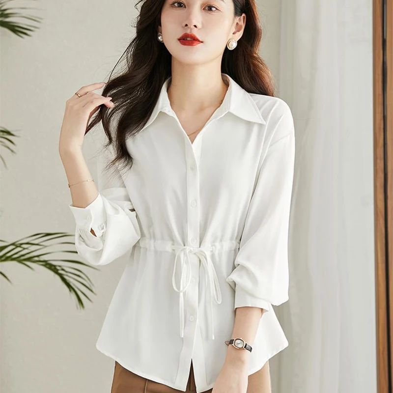 

Elegant Office Women Long Sleeve Shirts 2025 Fashion Drawstring Lace Up Chiffon Blusas Korean Simple All-Match Solid Blouse New