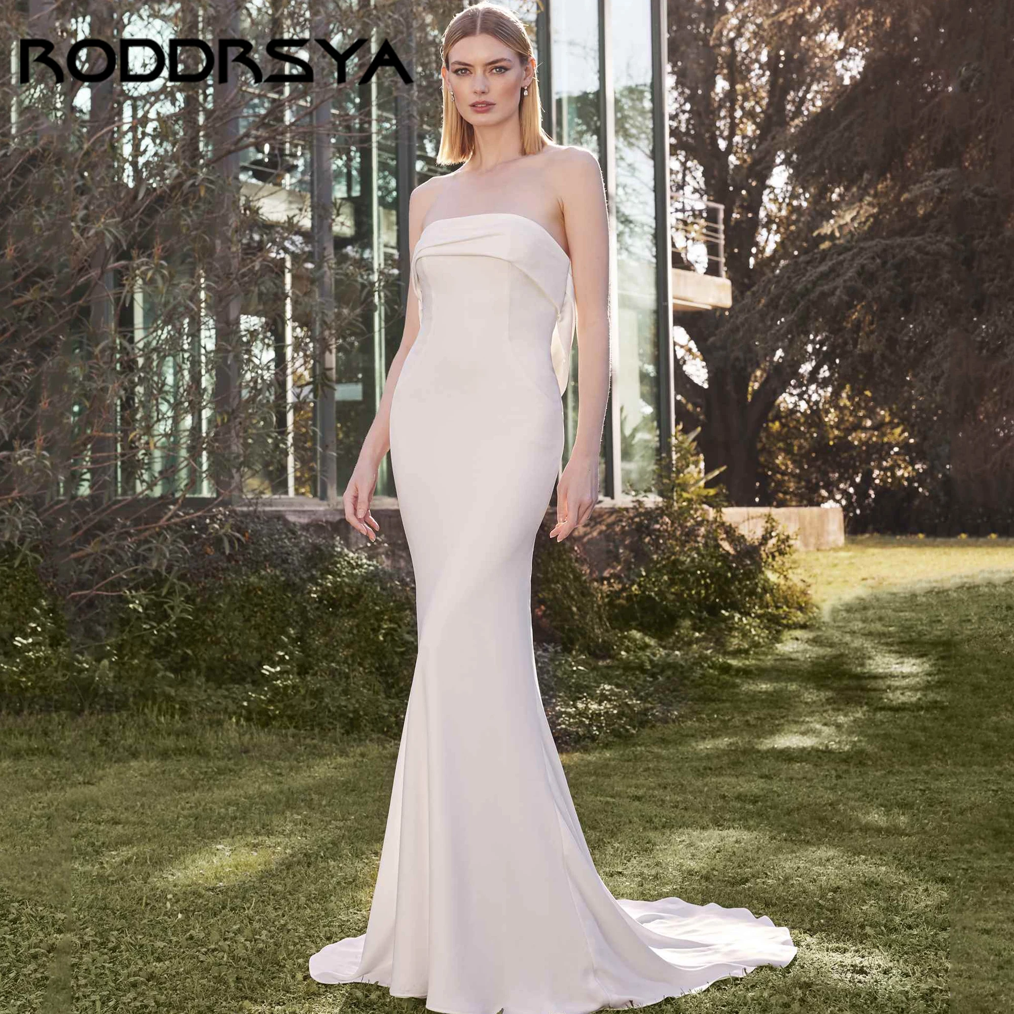 

Luxury Crepe Strapless Mermaid Wedding Dresses Bride Robe Sleeveless Bridal Gowns Classic Elegant Vestido De Noiva Customized