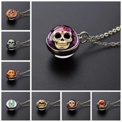 Sugar Skull Glass Ball Pendant Necklace Day of The Dead Aztec Art Skull Jewelry
