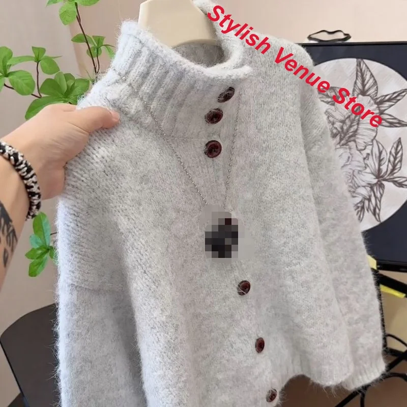 Korean lazy high-grade sweater women's autumn and winter loose thick single-breasted knit cardigan high-necked soft waxy sweater 2