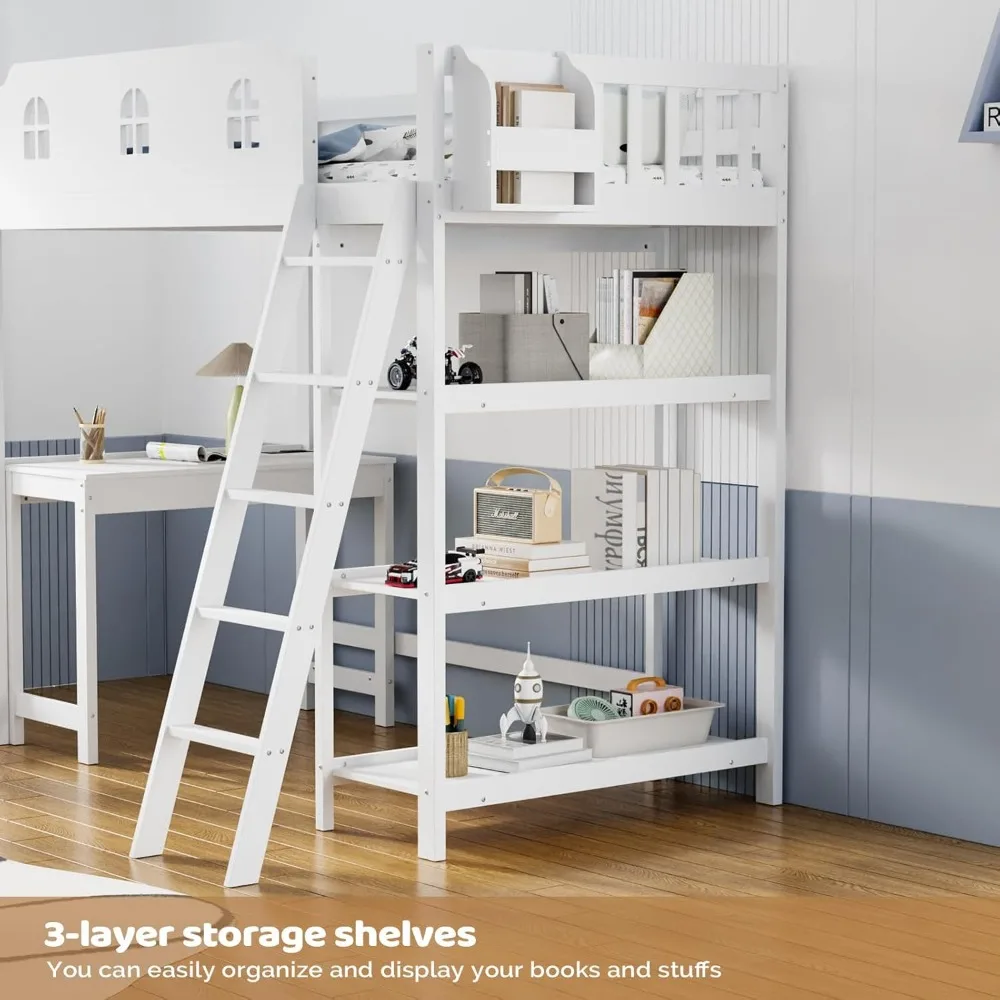 Loft Bed with Desk and Outlets,Loft Bed Twin Size with Led Light,Castle Guardrail and Window,Loft Bunk Bed with Bookcase,(White)