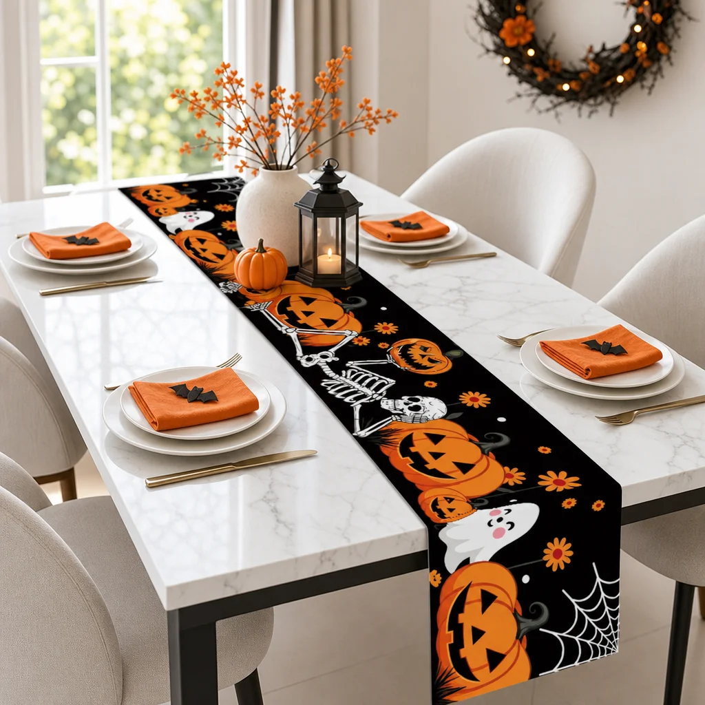 Halloween Table Runner Pumpkin Ghost Skeleton Spider Web Tablecloth for Home Dinner Party Decoration 180x35cm Festive Decor