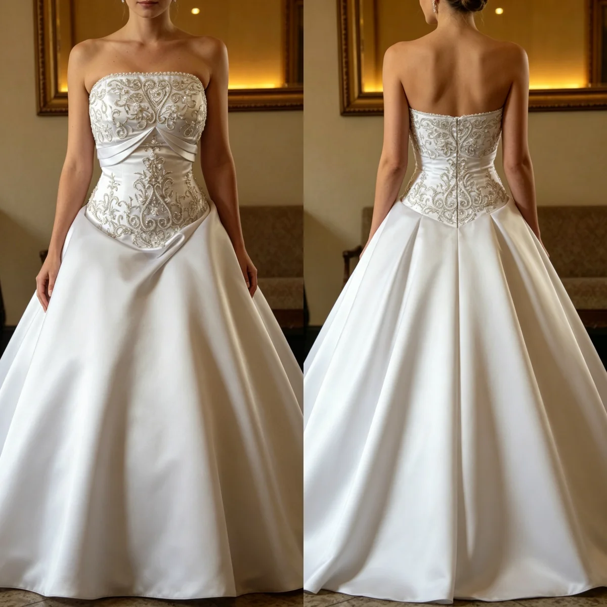 

Custom 2026 New Strapless Beaded Satin Ball Gown Wedding Dress Sweetheart Neck A-Line Bridal Gown with Cathedral Train