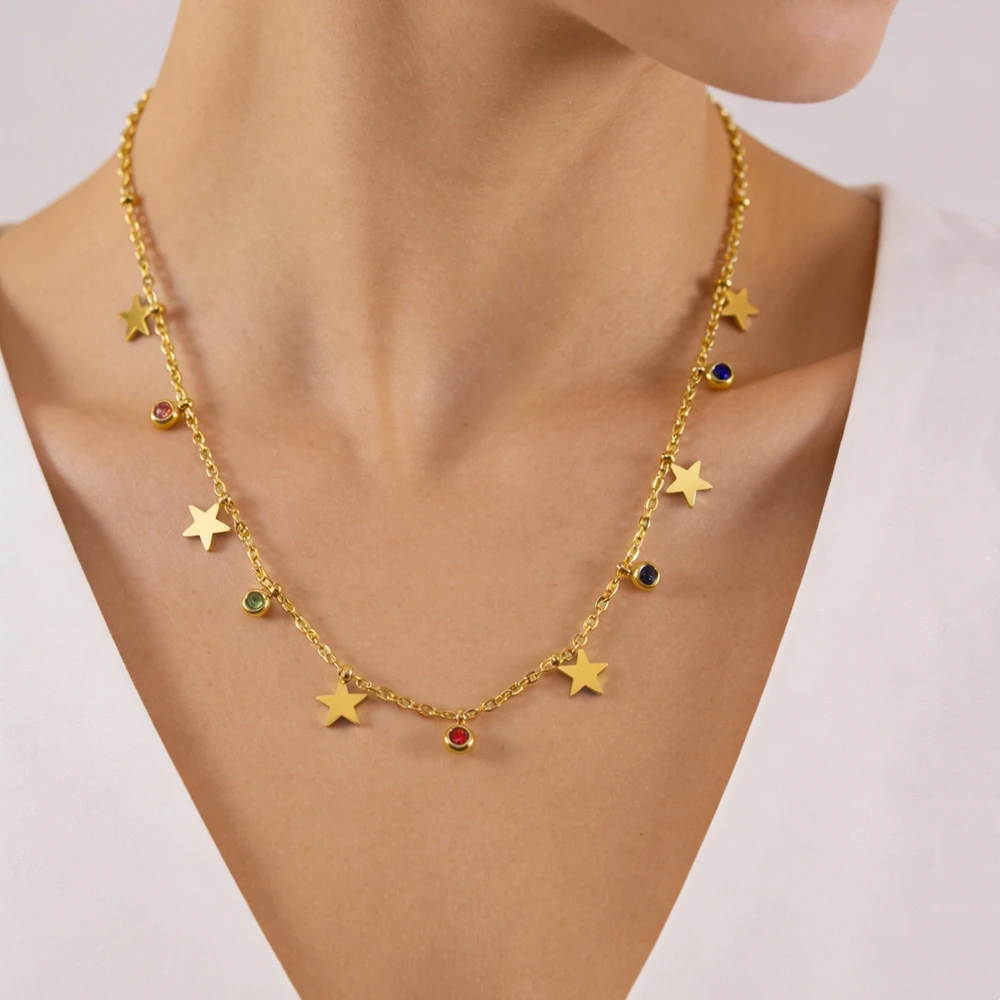 Damen Mode Edelstahl Halskette Geometrische Stern-Halskette Regenbogen Zirkon Halskette Eleganter Schmuck