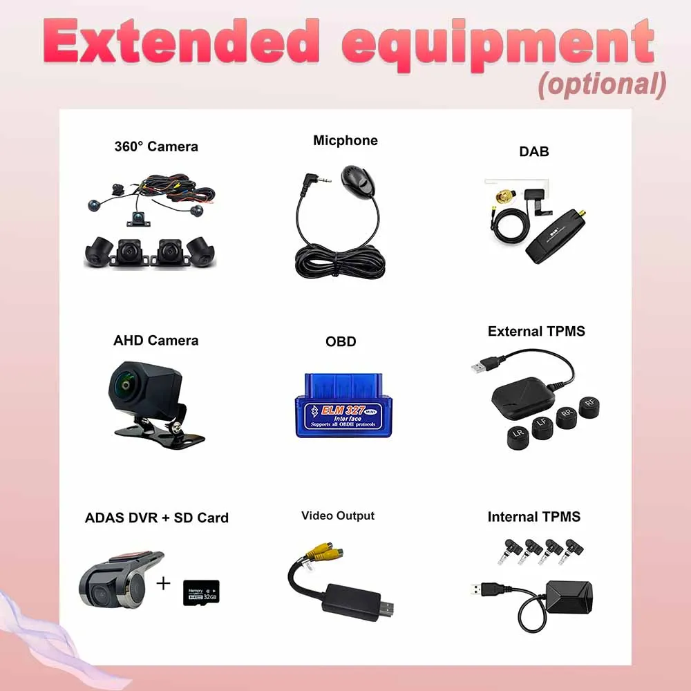 XingJun Store for Equipment Accessories Optional Android Car Radio 360 Camera DAB TPMS HDMI DVR OBD DAB+ADAS GPS Navigation