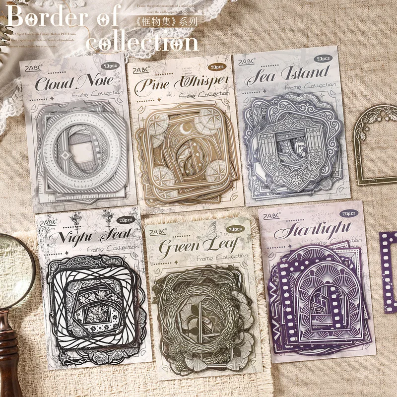 1pack/20Pcs Artistic Aged Vintage Lace PET Journal Stickers, Hollow Frame Scrapbook & Album Decor Supplies
