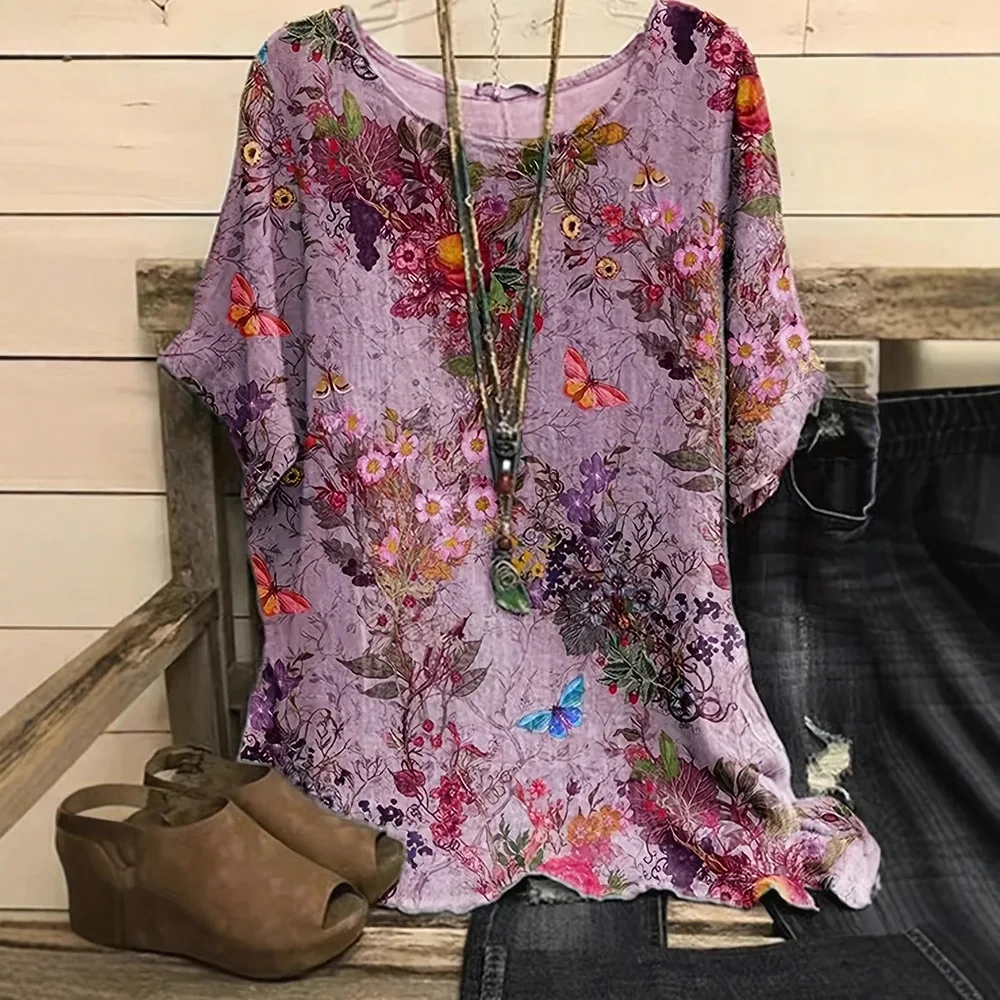 

Plus Size Women's Summer Casual Loose Fit Short Sleeve T-Shirt Printed Floral Office Lady Fashion New Arrival