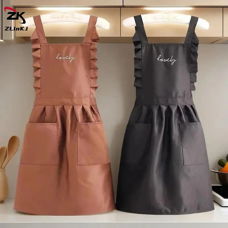 (ZYDD01) Cute Polka Dot Kitchen Apron With Sweet Heart Ruffle Trim Large Front Pocket For Cooking Baking House Cleaning