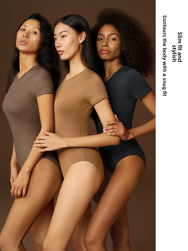 Slimming One-Piece Swimsuit for Women Short Sleeve Thermal High Elasticity Vintage Style Wearable Underwear Sporty Style
