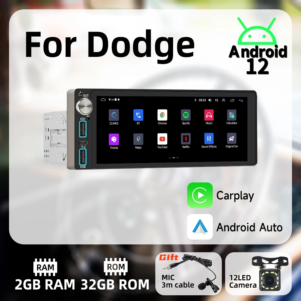 

Carplay Android Auto 1 Din Radio Android Car Multimedia for Dodge 6.86" Screen Stereo Head Unit Autoradio GPS Navigation BT Wifi