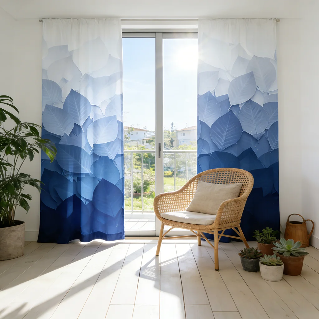 2PCS blue gradient leaf flat printed curtain with pole pocket design, suitable for bedrooms and living rooms, not fully blackout