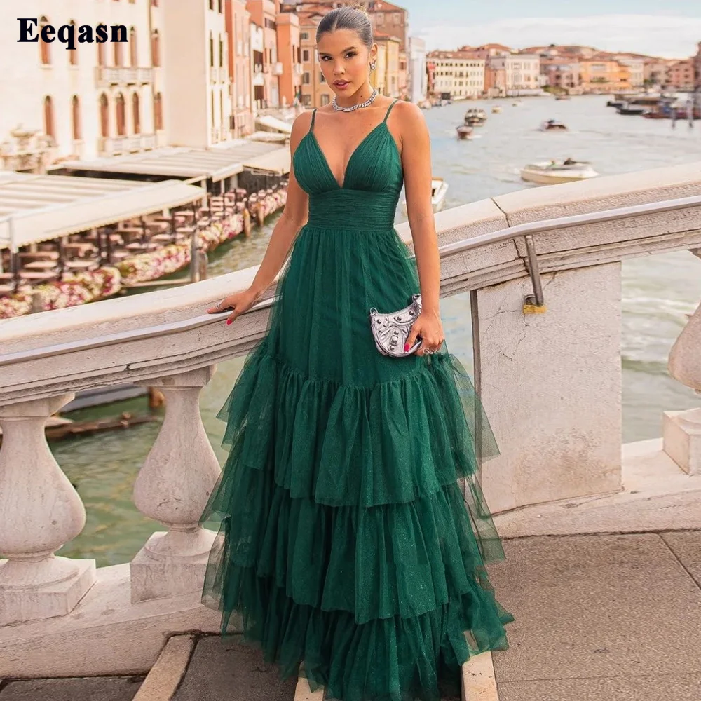 

Eeqasn Shiny Tulle Formal Prom Dresses Spaghetti Strap Pleats Layered Skirt V-neck Evening Gowns Women Event Occasion Outfits