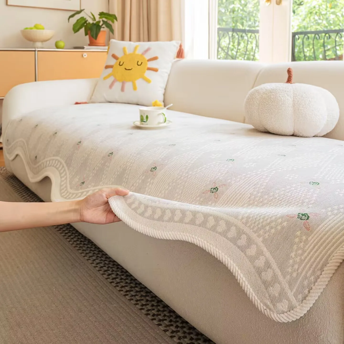 Chenille Irregular Sofa Cushion Non-slip Seat Cover with Floral Embroidery Dustproof Scratched Resistant Sofa Pad Protectors