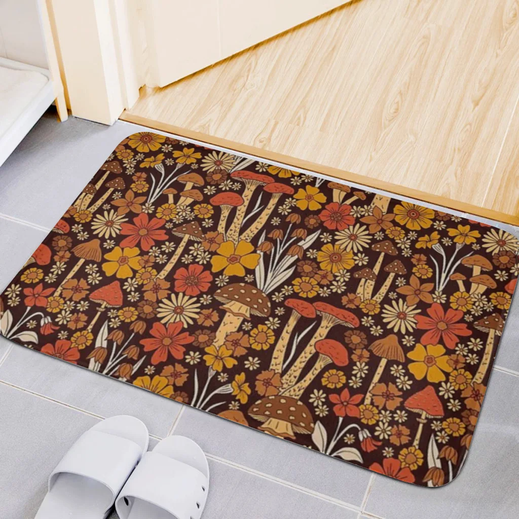 

Rug Carpet Retro Brown & Orange Mushrooms & Flowers Children Girls Bedroom Living Room Cartoon Floor Mat Doormat Decor