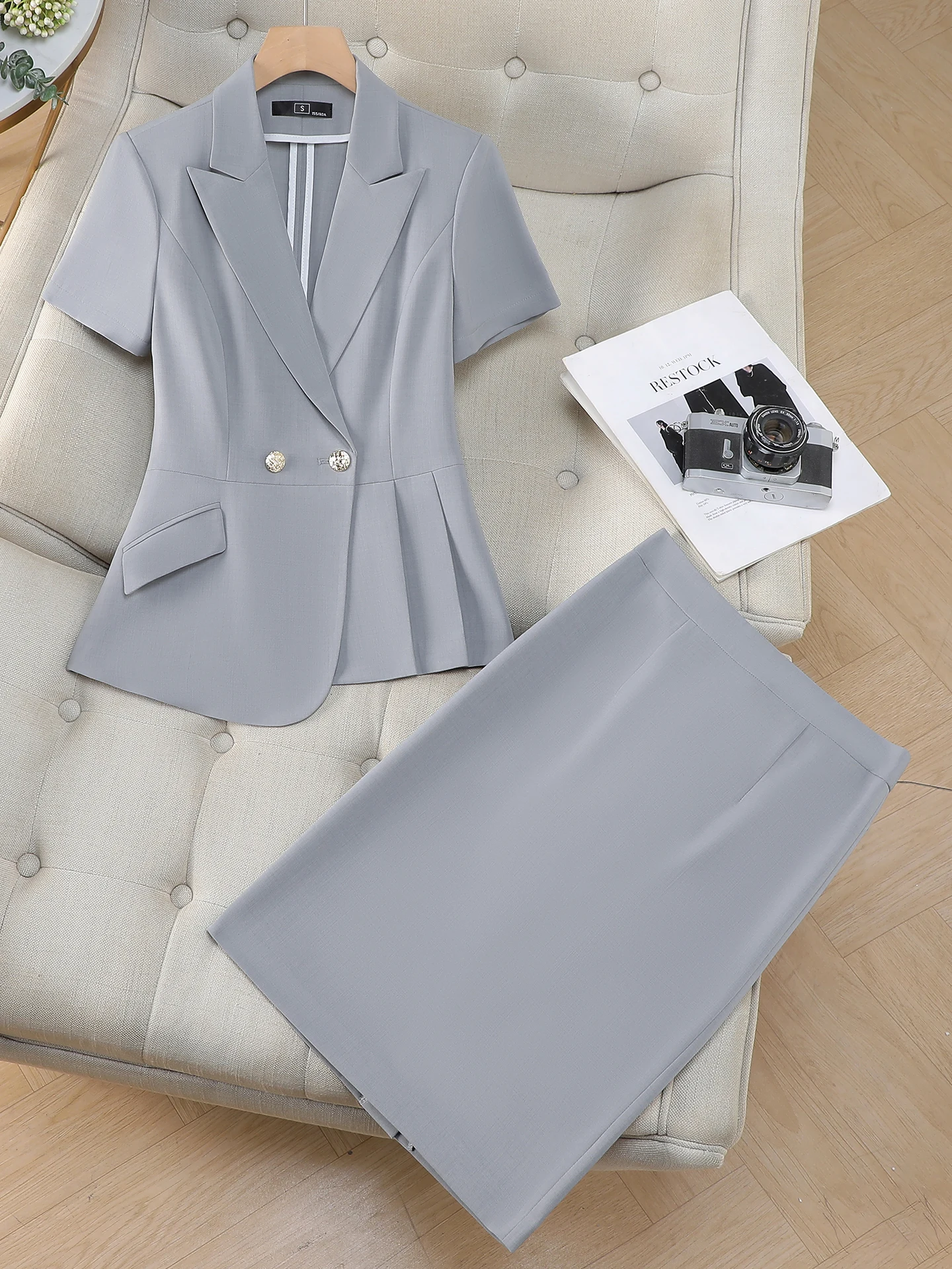 Olive Green Short Sleeve Suit Women's Workwear Elegant Professional High-End Feel Commute Style Polyester Fiber round Neck