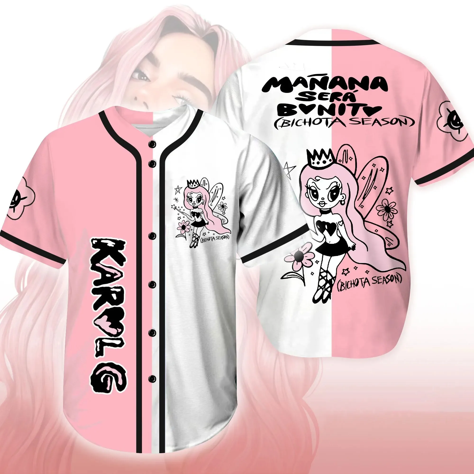 

Karol g-baseball t-shirt para homens e mulheres, manga curta, casual, uso diário, 3d, cor rosa e branco 2024