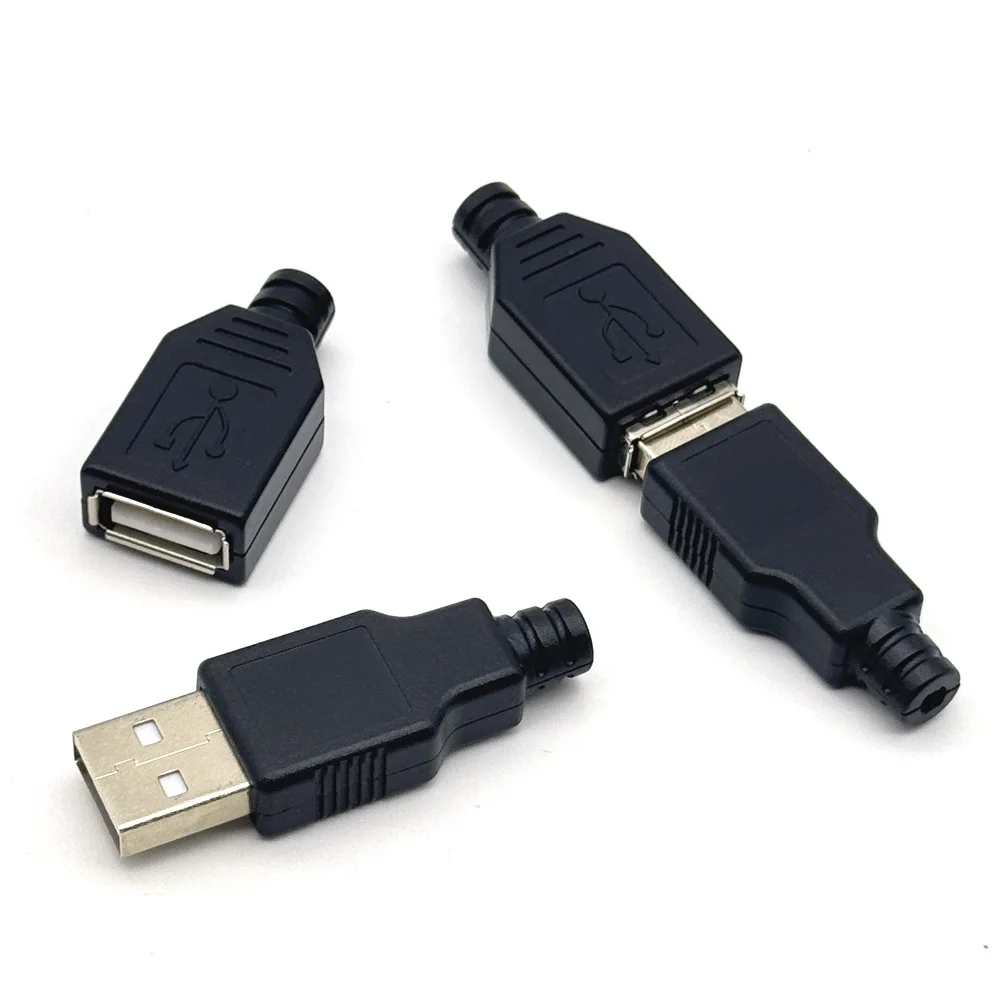 2A Type A Male Female USB 4 Pin Plug Socket Connector With Black Plastic Cover Type-A DIY Kits