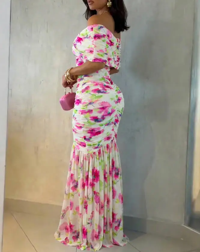 

2026 Spring/summer New Women's Flower Printed Folding Off Shoulder Ruffle Long Dress Elegant Mermaid Bottom Party Dress