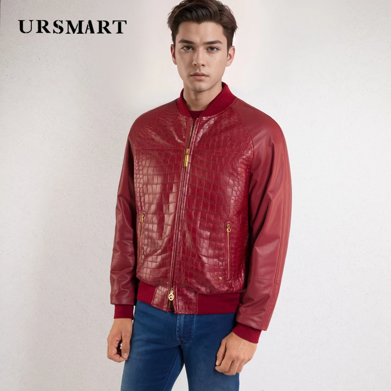 Men's High-Quality Sheepskin embossing Jacket - Dark Red British Fashion Genuine Leather Standing Collar Short Design