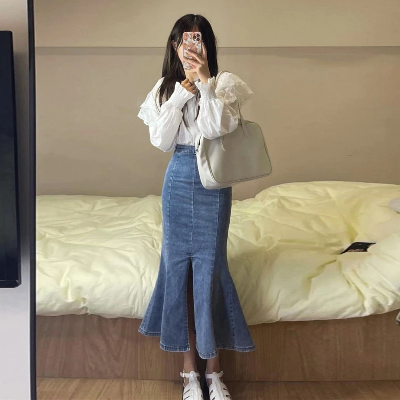 Women's Small Stature, High Waist, Elastic Korean Version With Buttocks, Fish Tail, Mid Length Skirt, Ruffled Edge, Split Denim