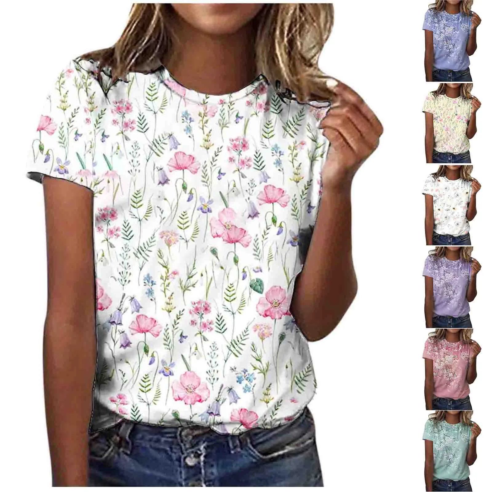 بلوفر نسائي فضفاض مطبوع عليه زهور ، ملابس علوية بأكمام قصيرة ، رقبة مستديرة مطابقة لجميع الألوان ، أزياء غير رسمية ، الصيف