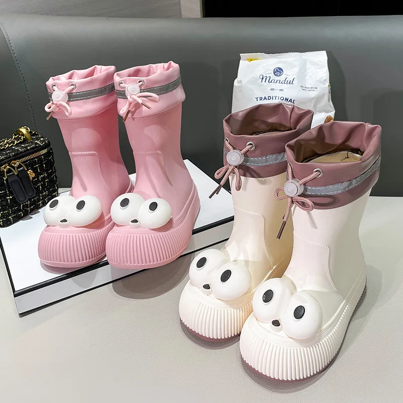 Anime Kawaii Big Eyes Warm Boys Girls Rain Boots Non-Slip Cartoon Cute Water Shoes Kindergarten Toddler Mid-Tube Rubber Shoes