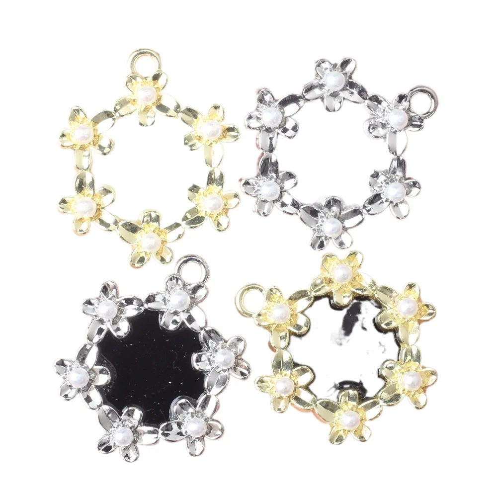 6pcs/lot 20*22MM Zinc Alloy Resin Pearl Inlaid Flower Pendant Charms for Necklace Bracelet Jewelry Marking Diy Accessories