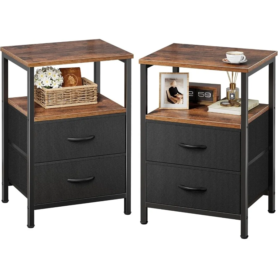 

Set of 2 Nightstands with 2 Drawers and Open Shelf Wooden Top Bed Side Table with Fabric Drawer Rustic Brown and Black End Tabl