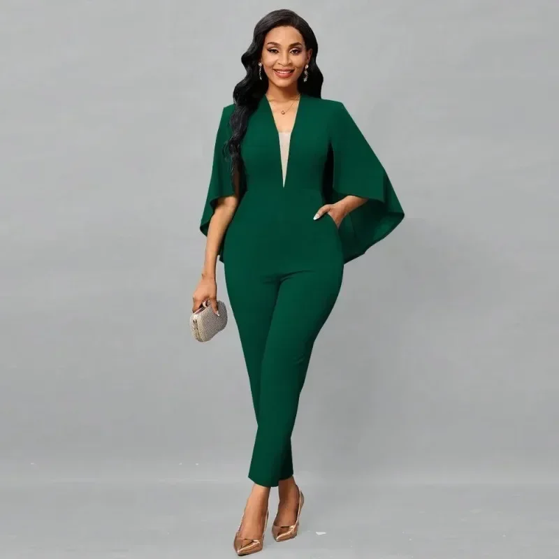 Women Short Bat Sleeve Jumpsuits Skinny Pant One Piece 2025 Solid V Neck Tight High Waist Ropmers Elegant Office Ladies Clothes