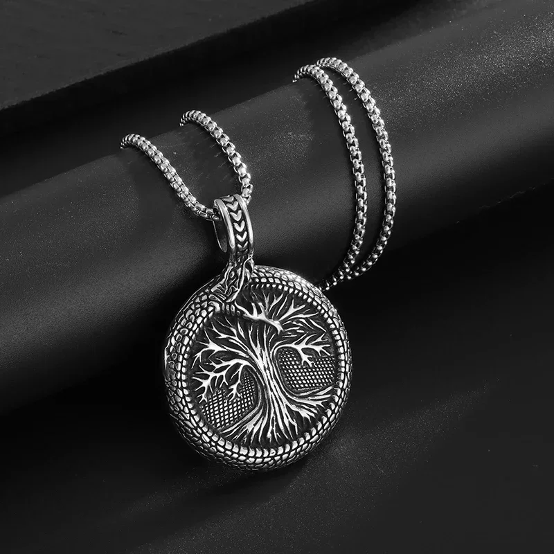 Retro Domineering Ouroboros Wrapped Around The Tree of Life Pendant Necklace Men\'s Personalized Punk Cool Casual Jewelry Gift