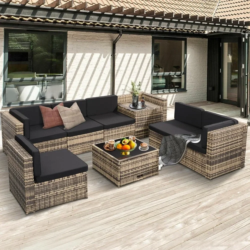 outdoor furniture, 8 Pieces Outdoor Wicker Rattan Patio Furnitures Sectional Sets, 7 Sofa Sections, outdoor furniture