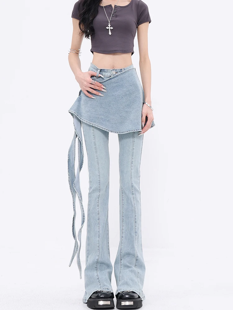 Spring and Autumn New Women's Pants, Fake Two Piece Stacked Elastic Cowboy Bellbottom Pants